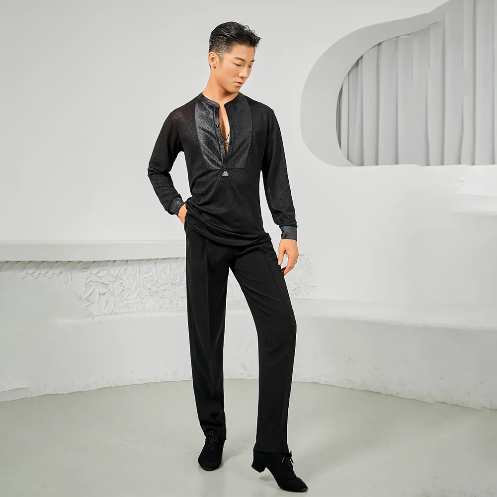 NY707 Men’s Panel Splice Long‑Sleeve Latin Dance Top